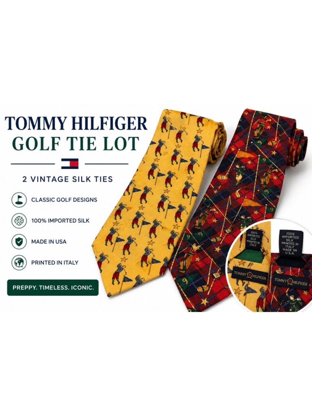 Lot 2 Tommy Hilfiger Golf Novelty Silk Neckties Italy USA Vintage Mens